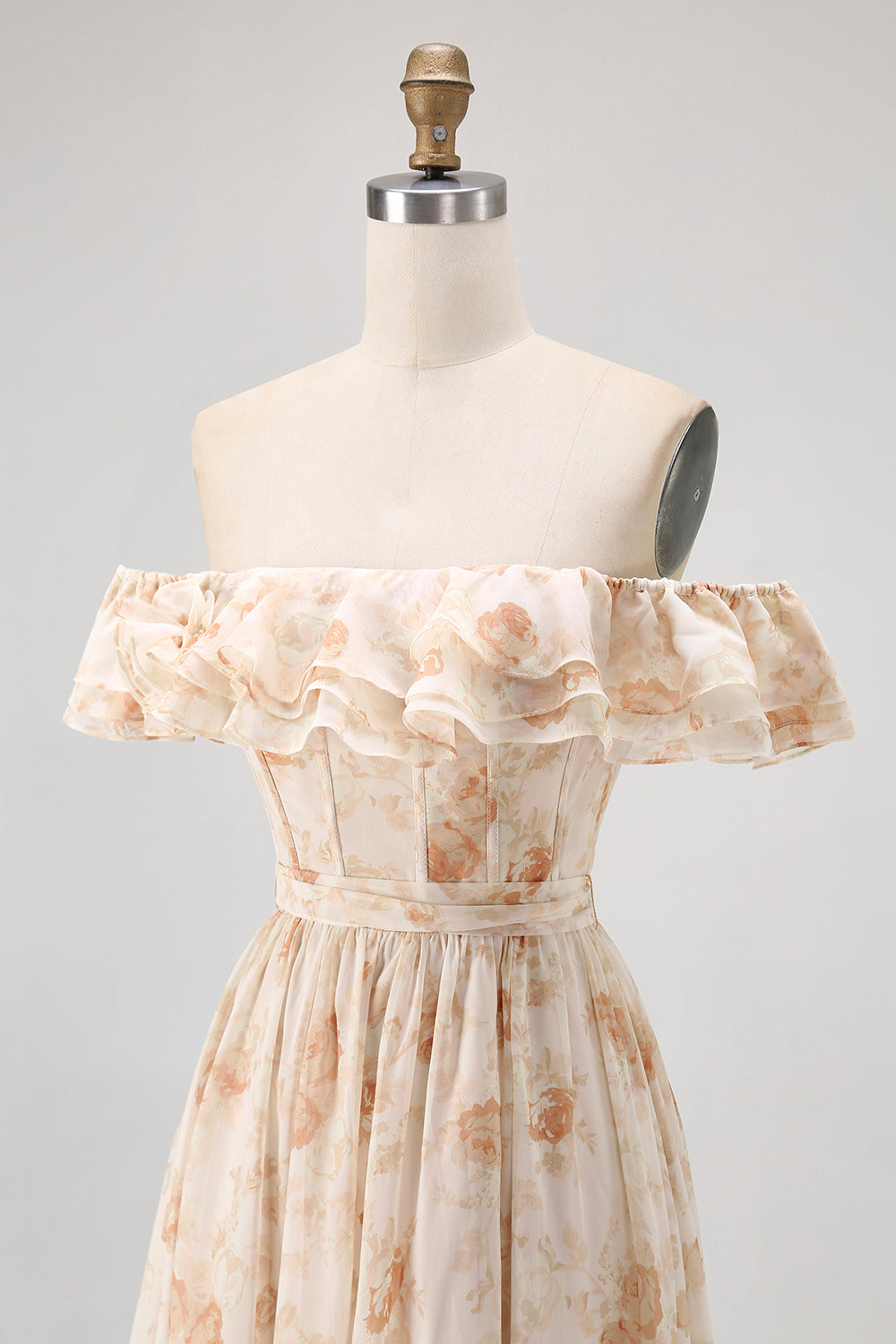 Champagne Flower Off The Shoulder Corset A-Line Bridesmaid Dress With Slit