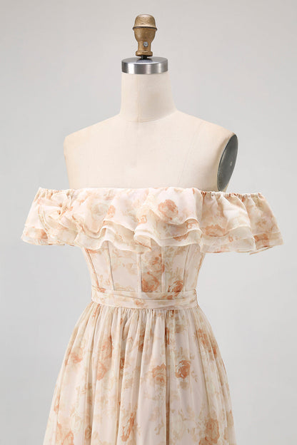 Champagne Flower Off The Shoulder Corset A-Line Bridesmaid Dress With Slit