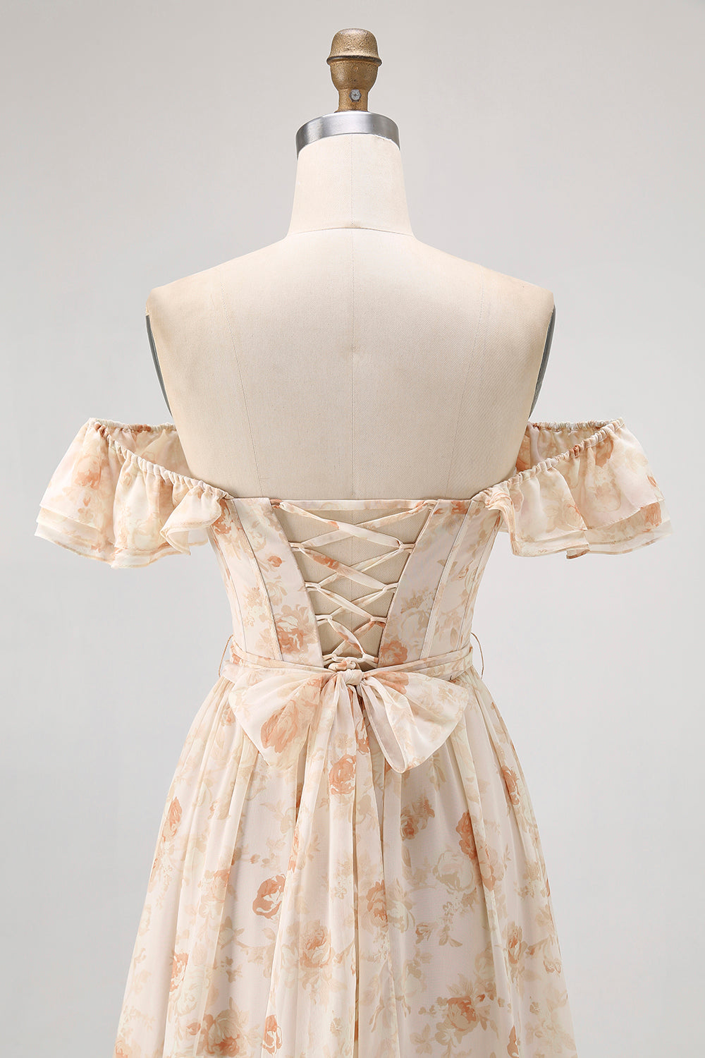 Champagne Flower Off The Shoulder Corset A-Line Bridesmaid Dress With Slit