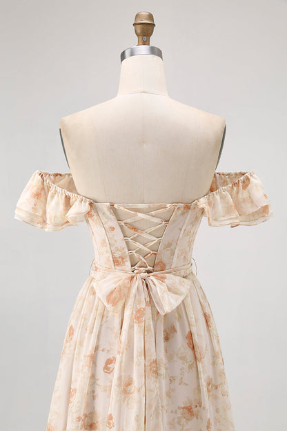 Champagne Flower Off The Shoulder Corset A-Line Bridesmaid Dress With Slit