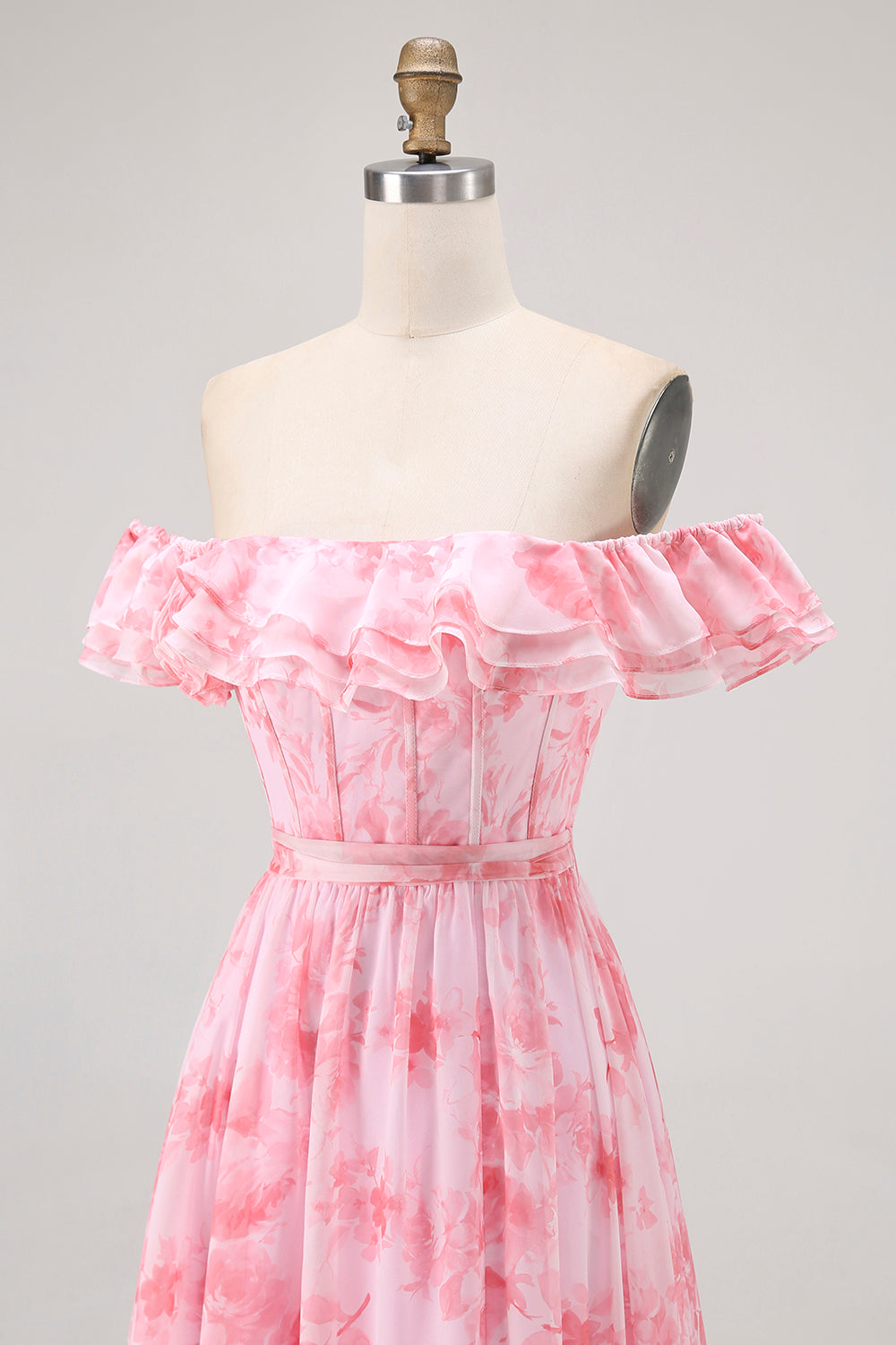 Champagne Flower Off The Shoulder Corset A-Line Bridesmaid Dress With Slit