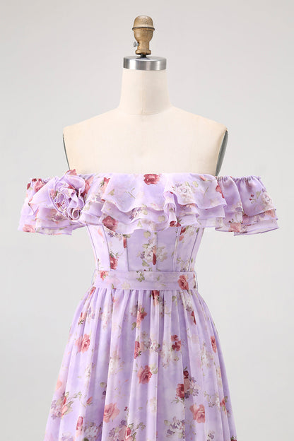 Champagne Flower Off The Shoulder Corset A-Line Bridesmaid Dress With Slit