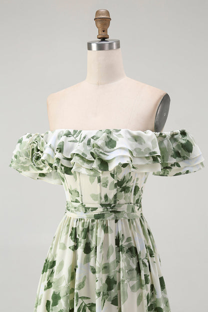 Green Floral A Line Off The Shoulder Ruffled Bridesmaid Dress