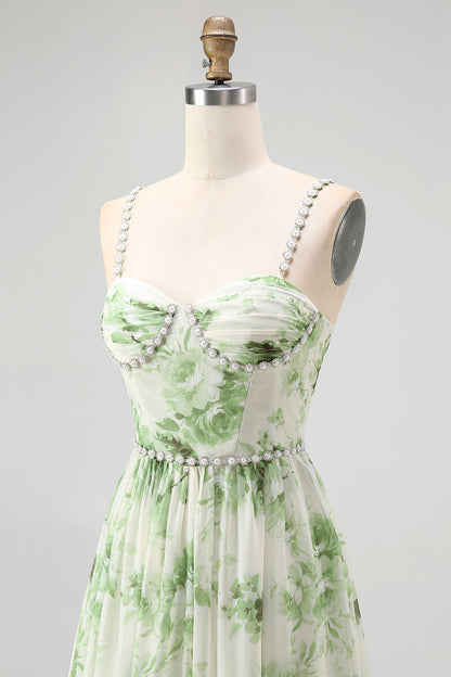 Green Flower A Line Pearl Long Bridesmaid Dress with Lace-up Back