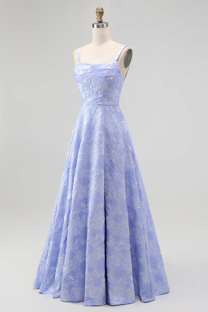 Blue A Line Cowl Neck Floral Jacquard Long Bridesmaid Dress with Slit