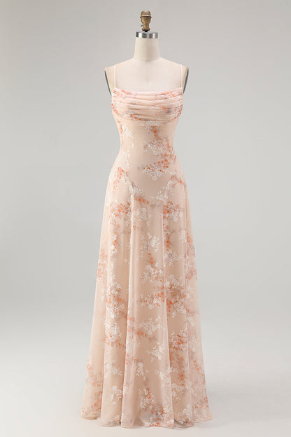 Champagne A Line Cowl Neck Floral Burnout Long Bridesmaid Dress