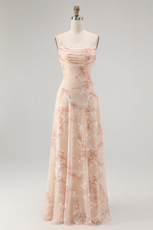 Champagne A Line Cowl Neck Floral Burnout Long Bridesmaid Dress