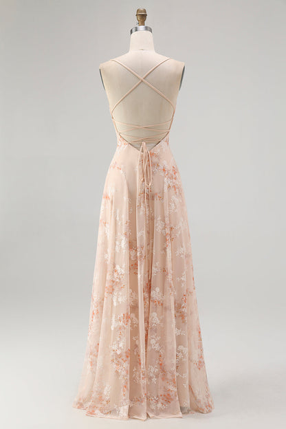 Champagne A Line Cowl Neck Floral Burnout Long Bridesmaid Dress