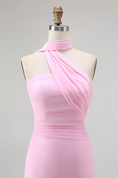 Sheath One Shoulder Blush Long Bridesmaid Dress with Streamer