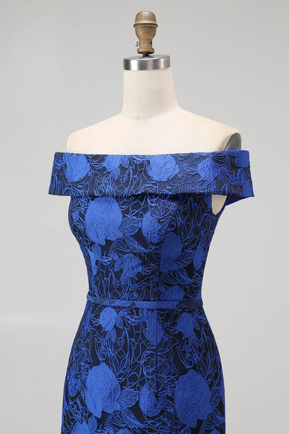 Off the Shoulder Dark Blue Sheath Floral Bridesmaid Dress with Slit