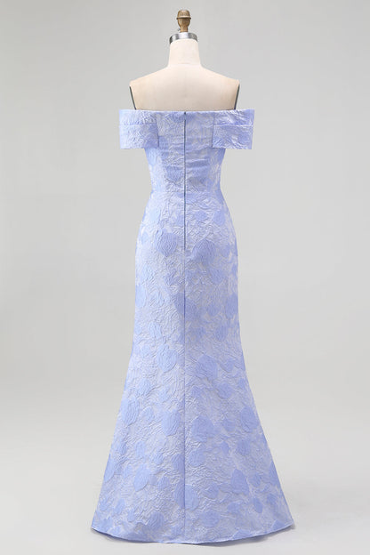 Floral Blue Mermaid Off the Shoulder Long Bridesmaid Dress