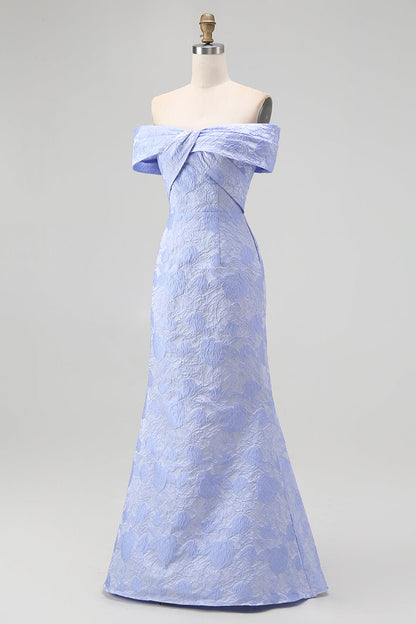 Floral Blue Mermaid Off the Shoulder Long Bridesmaid Dress