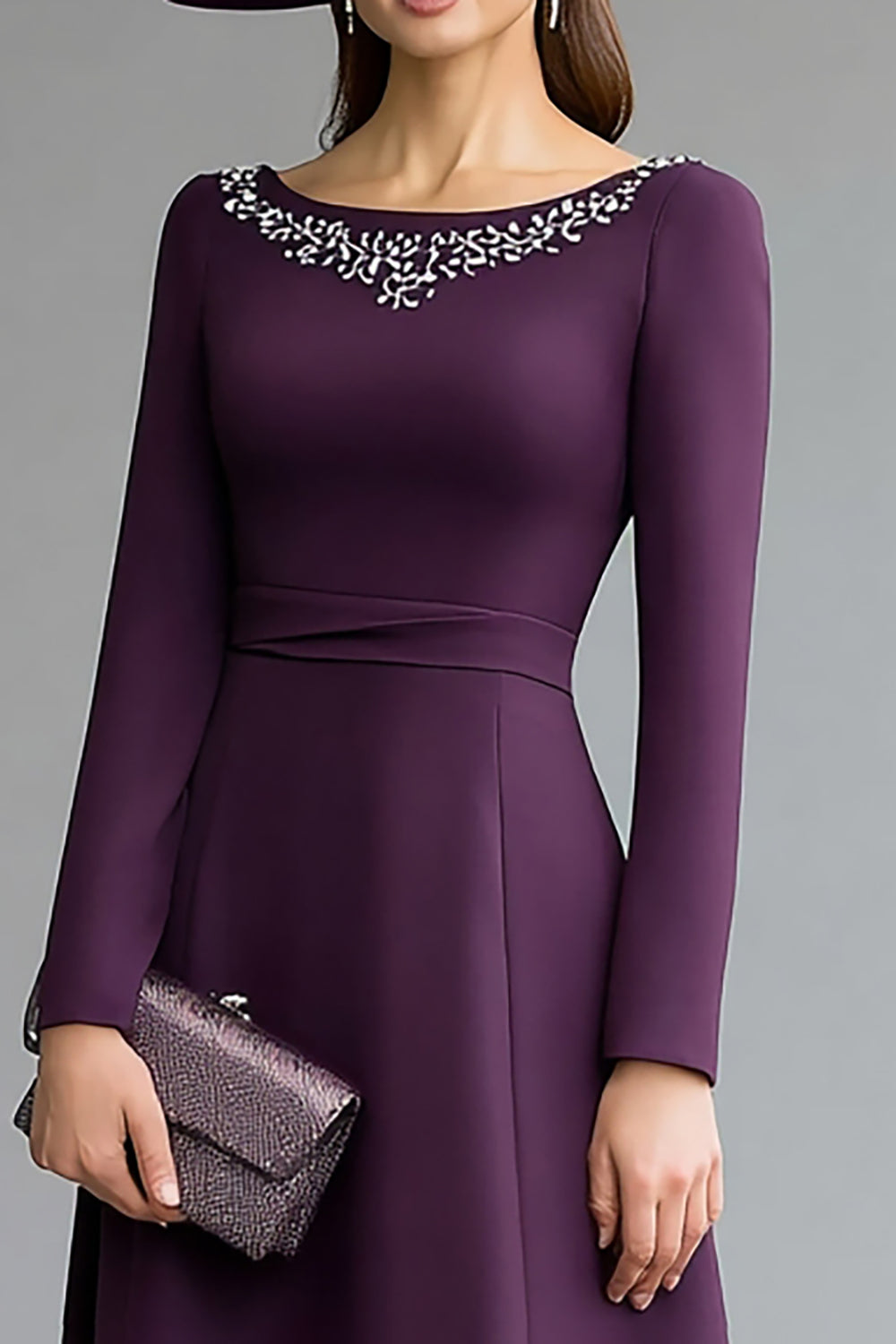 Dark Purple Boat Neck A Line Midi Work Dress with Beading