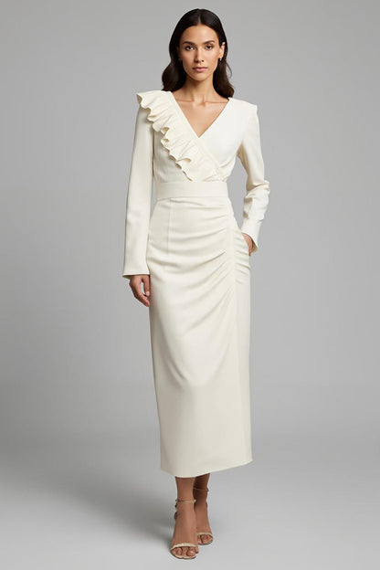 Ivory Sheath V-Neck Maxi Work Dress with Ruffles