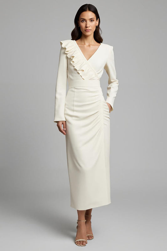 Ivory Sheath V-Neck Maxi Work Dress with Ruffles
