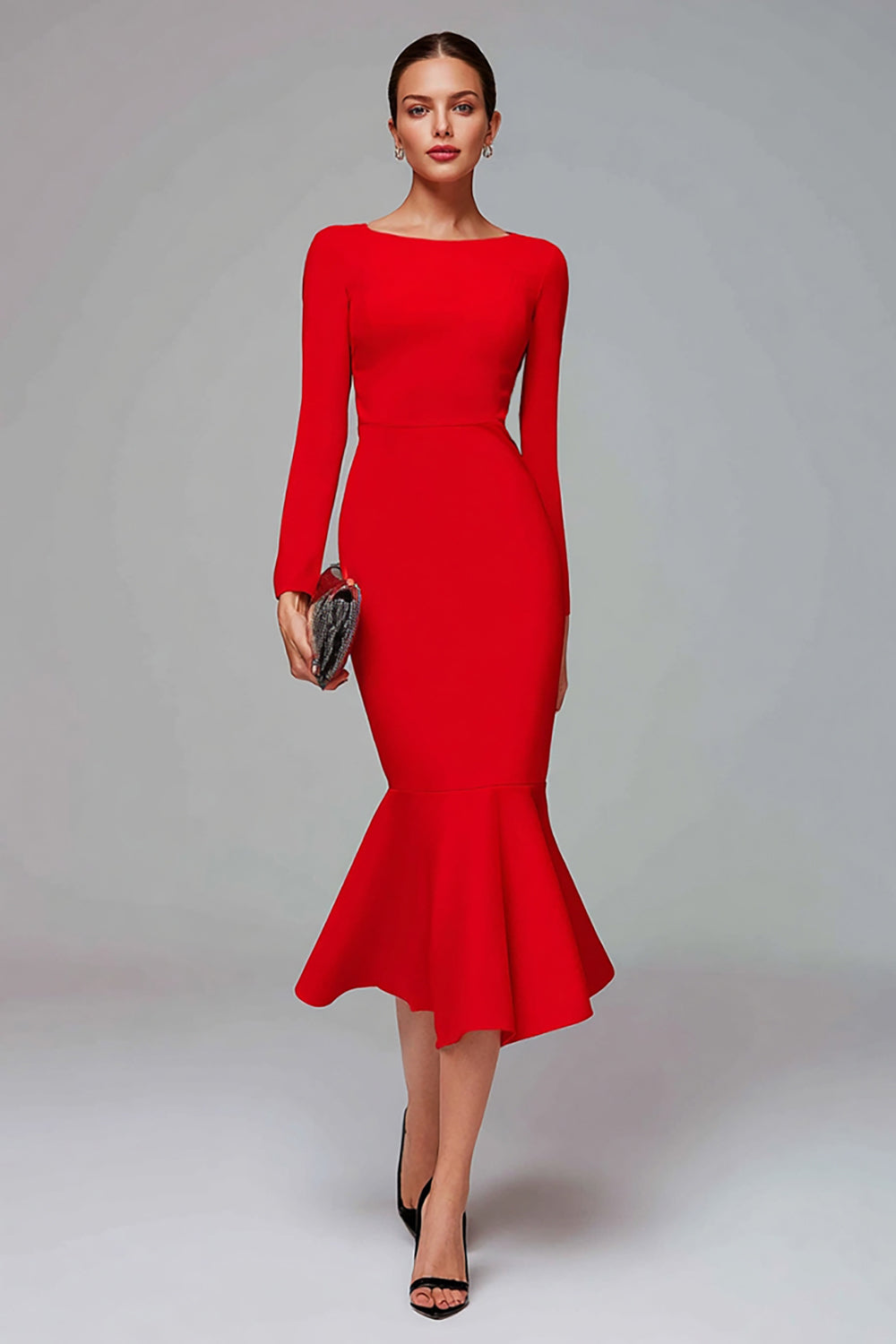 Red Mermaid Boat Neck Midi Dress with Ruffles
