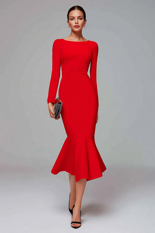Red Mermaid Boat Neck Midi Dress with Ruffles