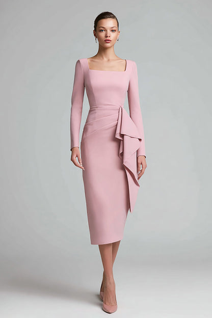 Pink Sheath Ruched Square Neck Midi Work Dress with Drape