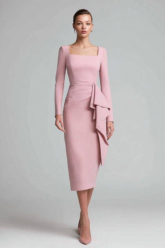 Pink Sheath Ruched Square Neck Midi Work Dress with Drape