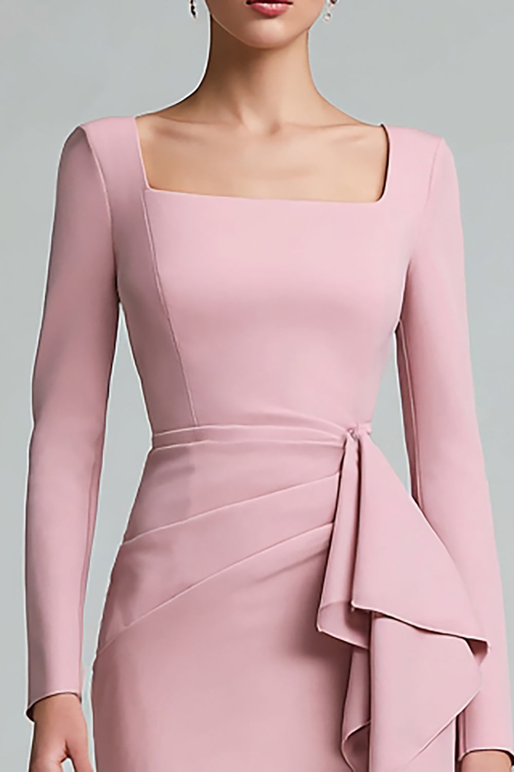 Pink Sheath Ruched Square Neck Midi Work Dress with Drape