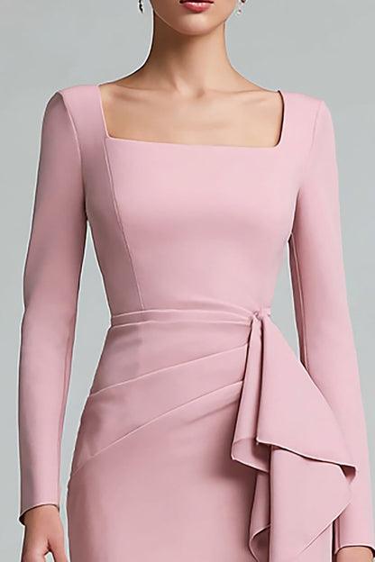 Pink Sheath Ruched Square Neck Midi Work Dress with Drape