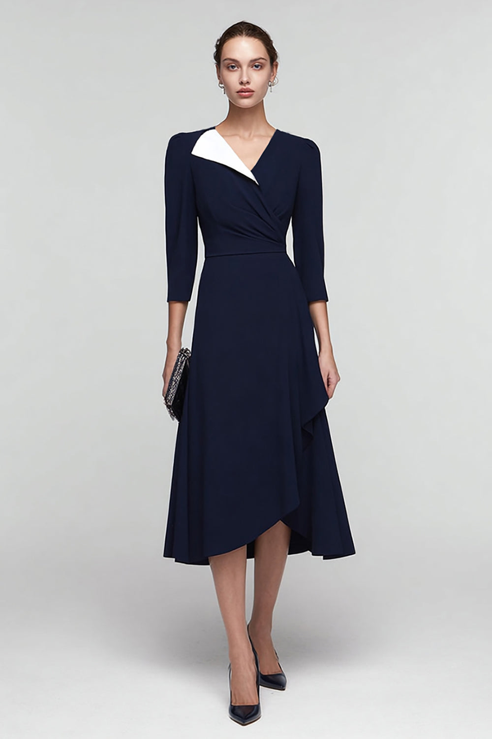 Black and White V-Neck A Line Midi Work Dress