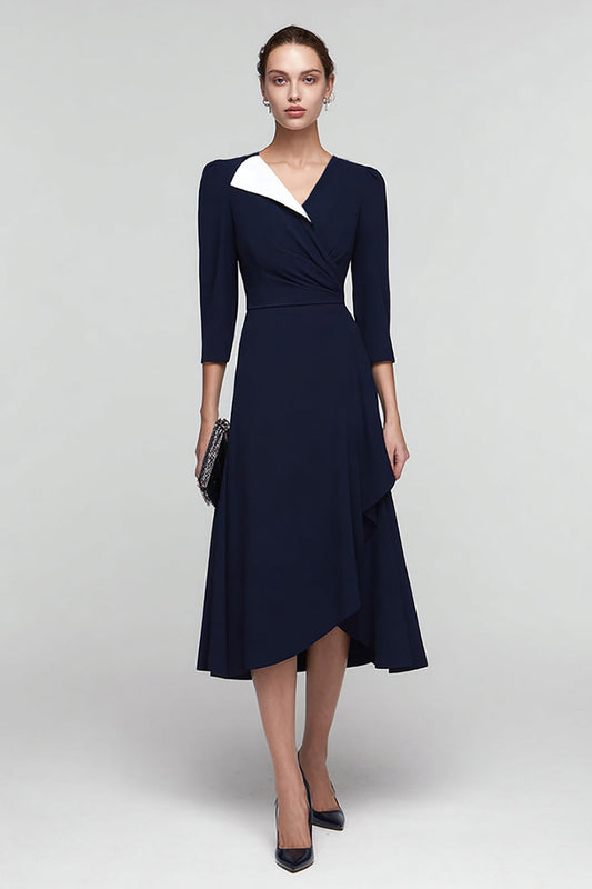 Black and White V-Neck A Line Midi Work Dress