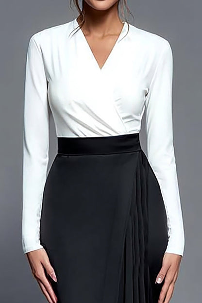 Black and White Sheath V-Neck Midi Work Dress with Slit