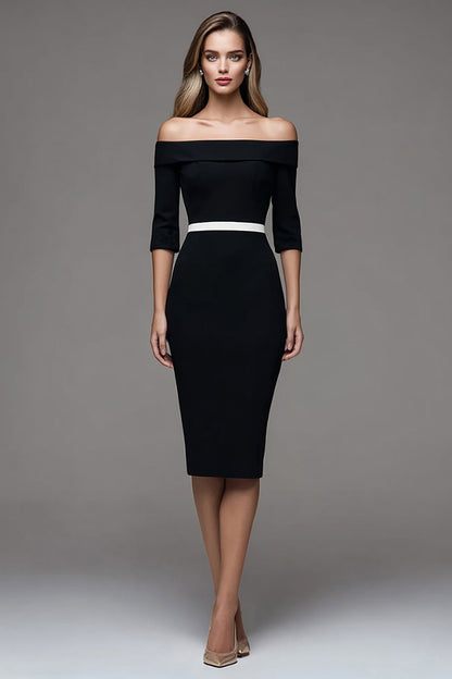 Black Sheath Midi Off The Shoulder Work Dress with Sleeves