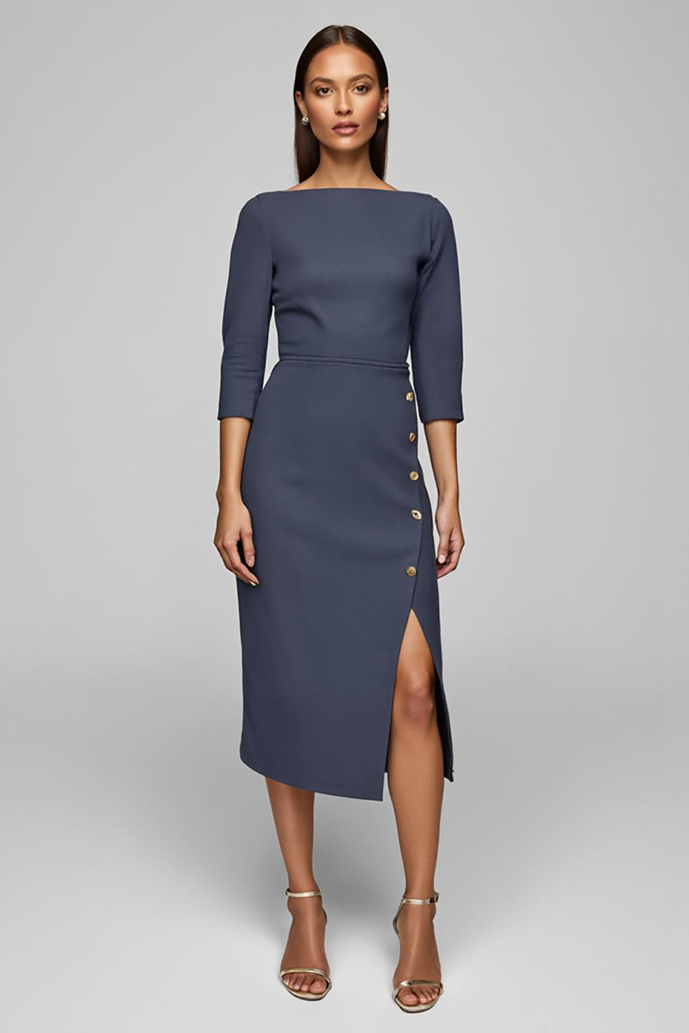 Twilight Sheath Bateau Neck Midi Work Dress with Slit