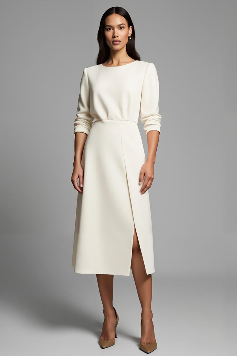 Ivory Round Neck A Line Midi Work Dress with Slit