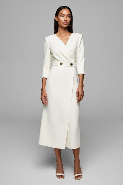 Ivory Sheath V-Neck Maxi Work Dress with Buttons