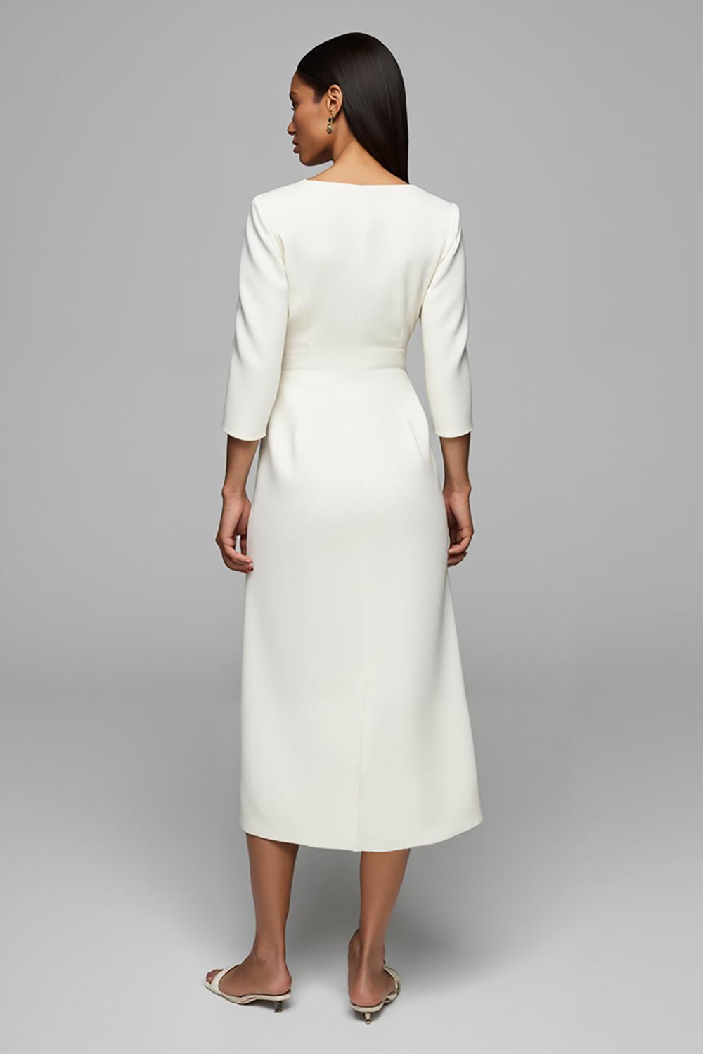 Ivory Sheath V-Neck Maxi Work Dress with Buttons