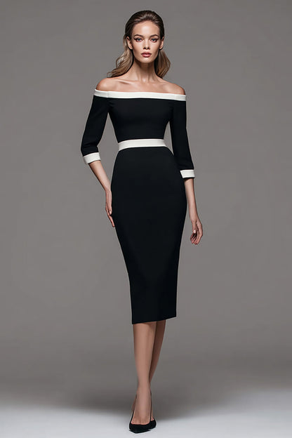 Black and White Sheath Off The Shoulder Midi Work Dress