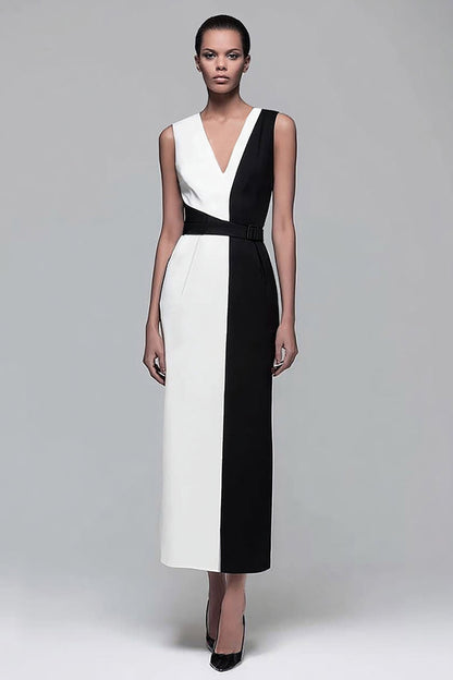 Black and White Patchwork Sheath V-Neck Long Work Dress