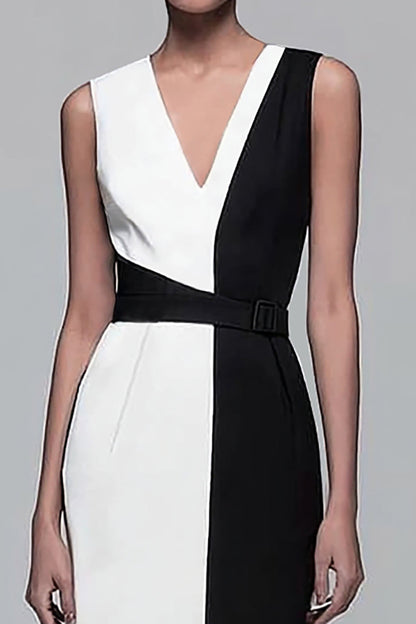 Black and White Patchwork Sheath V-Neck Long Work Dress