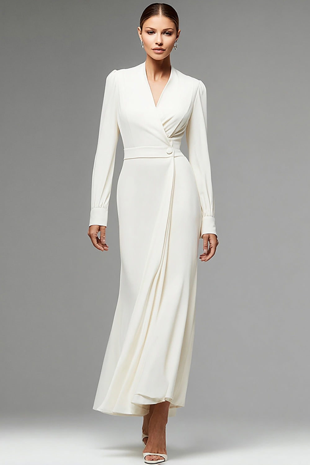 Ivory Sheath V-Neck Long Work Dress with Button