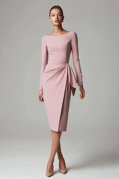Pink Sheath Boat Neck Midi Work Dress