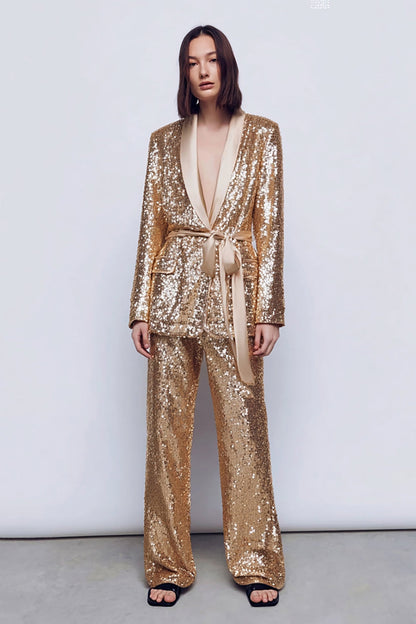 Sparkly Gold 2 Piece Women Prom Suits With Sash