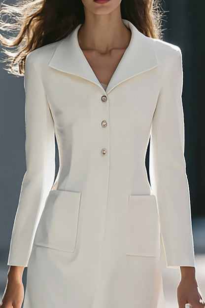 Single Breasted Midi Ivory Work Dress With Pockets