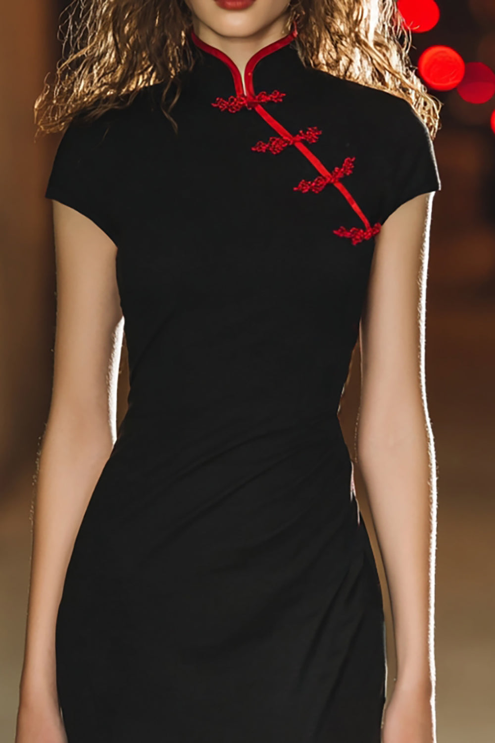 Black Satin Tight High Neck Short Cocktail Dress With Sleeves