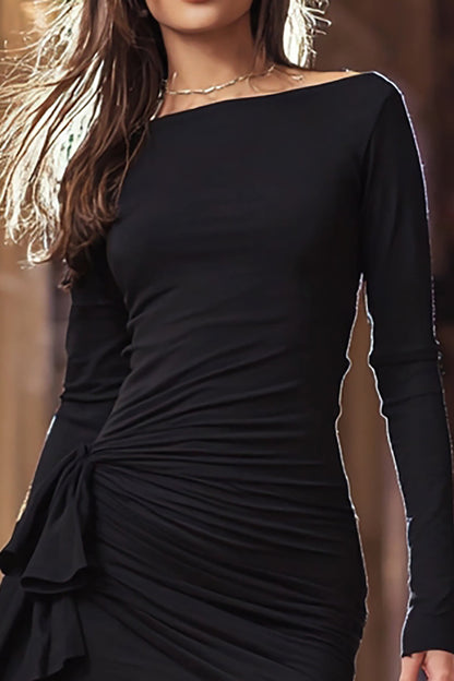 Black Tight Ruffled Short Cocktail Dress With Sleeves