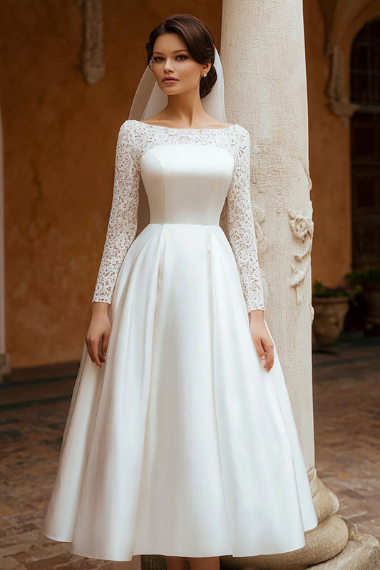 Ivory Long Sleeve A Line Lace Engagement Dress