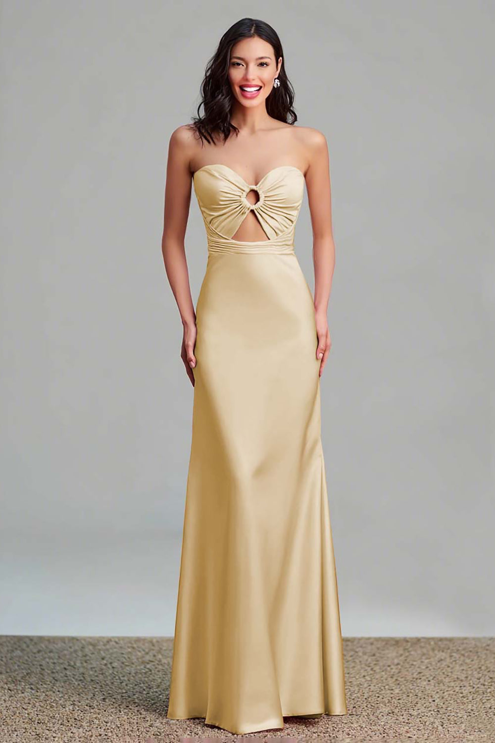 Pink Satin Cut Out Sheath Strapless Long Formal Dress