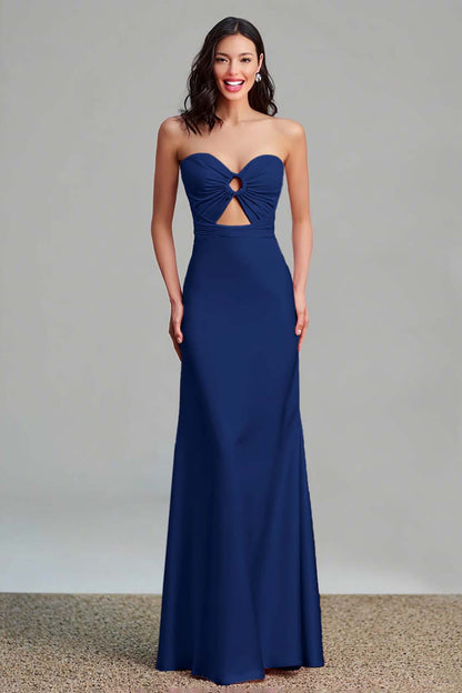 Pink Satin Cut Out Sheath Strapless Long Formal Dress