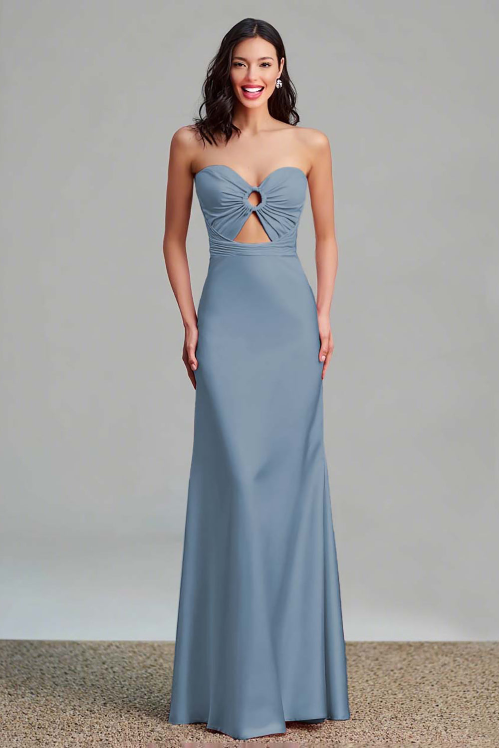 Pink Satin Cut Out Sheath Strapless Long Formal Dress