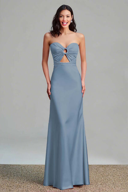 Pink Satin Cut Out Sheath Strapless Long Formal Dress
