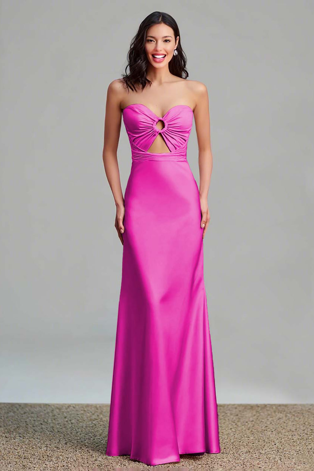 Pink Satin Cut Out Sheath Strapless Long Formal Dress
