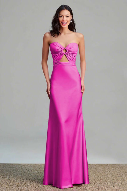 Pink Satin Cut Out Sheath Strapless Long Formal Dress