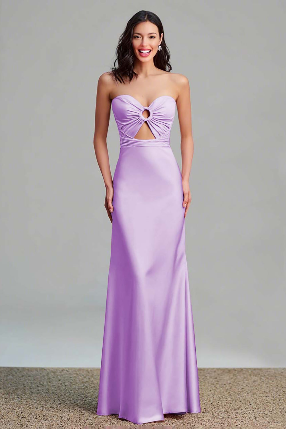 Pink Satin Cut Out Sheath Strapless Long Formal Dress